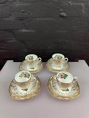 Buy 4 X English Bone China Strawberry Gold Tea Trios Cups Saucers And Side Plate Set • 24.99£