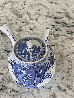 Buy Vtg Antique Pottery Blue And White Kyuusu Teapot Side Handle Hand Painted • 58.38£