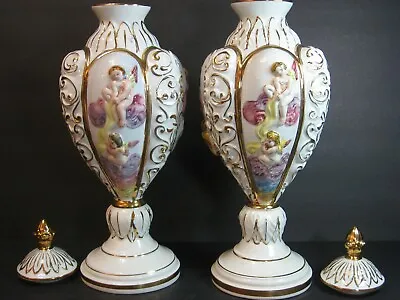 Buy VTG Keramos Capodimonte Italy Pair Lidded Urns/Vases 16  Cherub Gilt Figural EUC • 341.50£