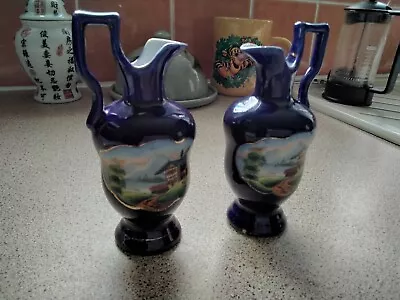Buy Pair Vintage Ceramic  Blue Jug Vases Hand Painted Flowers • 12£