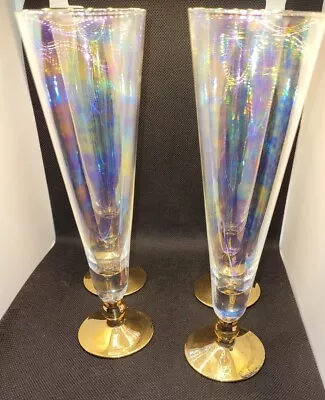 Buy 4 X Vintage Harlequin Iridescent Champagne Pilsener Glasses With Gold Base 200ml • 25.29£