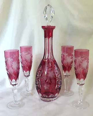Buy Stunning Nachtmann Traube Bohemian Ruby Crystal Cut To Clear Decanter & 4 Flutes • 350£