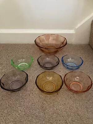 Buy Vintage Coloured Glass Fruit Set Large Bowl And 6 Serving Bowls • 15£