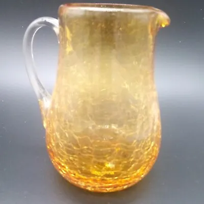 Buy Vtg. Amber Hand Blown Crackle Glass Pitcher W/ Applied Handle • 21.80£