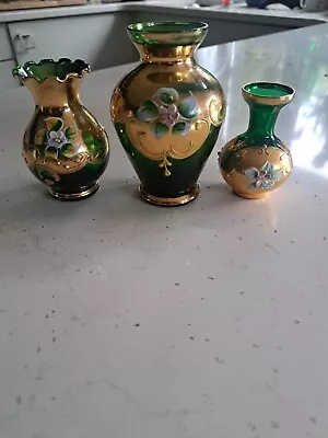 Buy 3 Vintage Bohemian Green Glass Hand Painted  Floral And Gold Vases • 15£