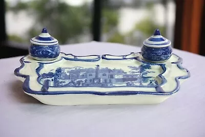 Buy Vintage Victoria Ware Ironstone Flow Blue Double Inkwell And Tray • 33.21£