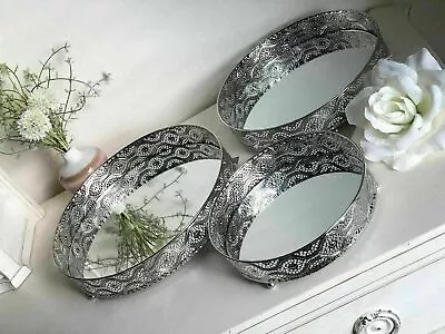 Buy 3 Round Mirror Trays Candle Plates Silver Glass Home Decorative Dish Holders • 20.99£