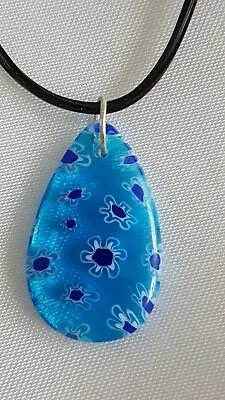 Buy MILLEFIORI Lampwork 25mm Blue Flower Aqua Teardrop Pendant Necklace Jewellery • 3£