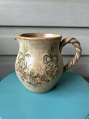 Buy Vintage Green Flowers Tan Braided Handle Country Small Art Pottery Pitcher 6” • 21.79£