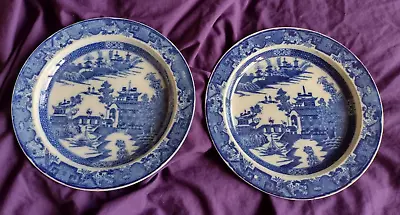 Buy Leeds Pottery Pearlware Antique Blue & White Longbridge  Willow Pattern Plates • 20£