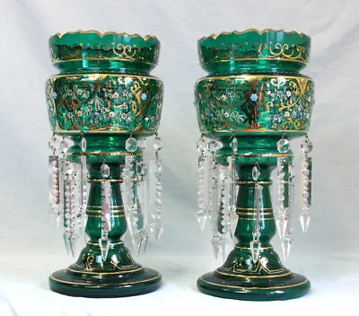 Buy Pair Antique Victorian Green Glass Mantle Lustres • 1,475£