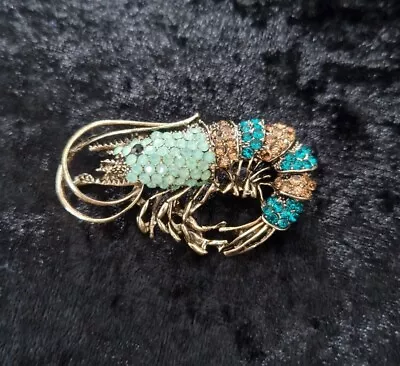 Buy Vintage Inspired Prawn Shrimp Brooch. Blue Green GoldRhinestone Gold Colour Back • 4.99£