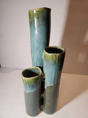 Buy Tall Tri-Cylinder Heavily Glazed Green Blues Vase Adjoined Twi-ware Signed Dated • 219.62£