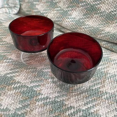 Buy GLASS.  2 X Vintage Stemmed Red Dessert Bowls With Clear Bases. France. • 3.25£