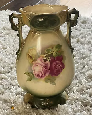 Buy Antique Victorian Two Handled Flower Gilded Vase Green With Roses • 250£