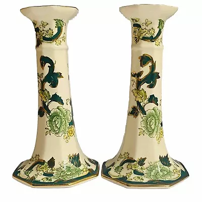 Buy Vintage Masons Ironstone Green Chartreuse Pattern Pair Of Tall Candlesticks 17cm • 44.99£