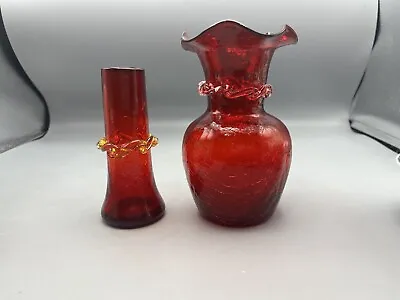 Buy Vintage Handblown Red Crackle Glass Rigaree Lot Of 2 Vase And Jug Applied Ruffle • 18.21£
