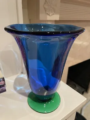 Buy ORREFORS GLASS SWEDEN Signed Green And Blue Tulip Vase. • 50£