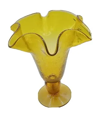 Buy Amber Fluted Hand Blown Vase  Crackle Art Glass Mid Century Modern  • 47.24£
