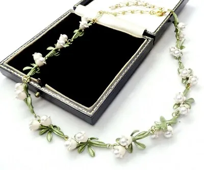 Buy Art Deco Inspired  Pearl Flowers Berries & Green Enamel Leaves Necklace • 14£