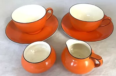 Buy Crown Ducal Ware Brilliant Orange And Black Rim 6 Piece Tea Set Vintage Art Deco • 35£