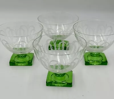 Buy 4 FOSTORIA FOUNTAIN GREEN SHERBET GLASSES RARE GREEN SQUARE BASE ANTIQUE 1920s • 157.90£