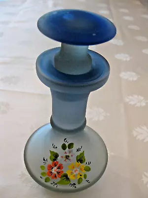 Buy Vintage Ice Blue Glass Perfume Bottle With Stopper And Hand Painted Floral • 18£