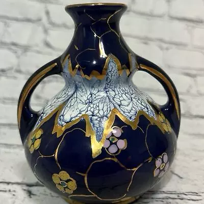Buy Gouda Holland Hand Painted Pottery Vase Navy Blue Floral Pot Gold Accents • 40.73£