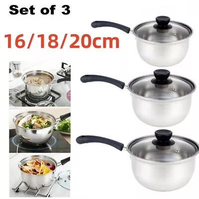 Buy Set Of 3 Induction Non Stick Stainless Steel Cookware Kitchen Glass Lids Pot Pan • 13.99£