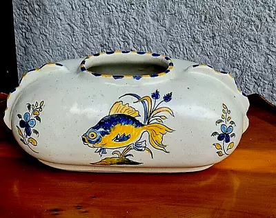 Buy Vintage Hand Painted Faience Bottle Or Warmer With Fish • 50£