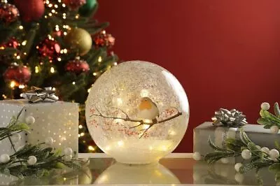 Buy Christmas Globe Crackle Effect Robin Ball Glass Twinkling Festive • 24.99£