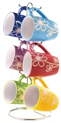 Buy Home Basics 6-Piece Ceramic Mug Set With Stand, Daisy, Multicolor • 23.56£