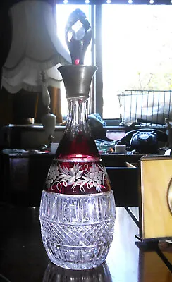 Buy Vintage Heavy Crystal Cut Glass Cranberry Wine Decanter Solid Silver Collar • 99.99£