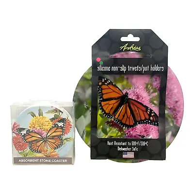 Buy Highland Home Monarch Butterfly Stoneware Coasters Set Of 4 + Silicone Trivet • 11.38£