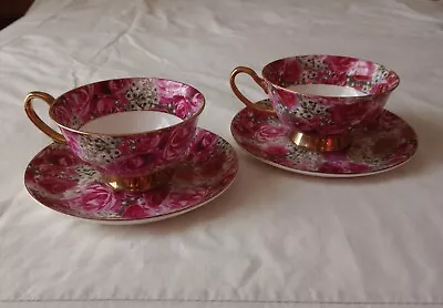 Buy Lovely Vintage Pink Gold Gilded Floral Rose Chintz Teacup And Saucer Pair EXC • 14£