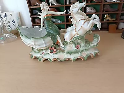 Buy Antique Large German Porcelain Mantle Lady On A Chariot With 2 Horses • 25£