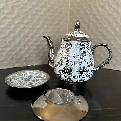 Buy Porcelain Silver & White Floral Teapot With 2 Saucers No Markings Unknown Brand • 28.81£