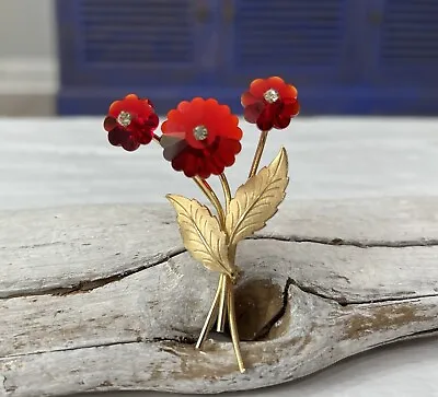 Buy Vintage Juliana Gold Tone Red Triple Stem Articulated Crystal Flower Brooch #9 • 211.30£