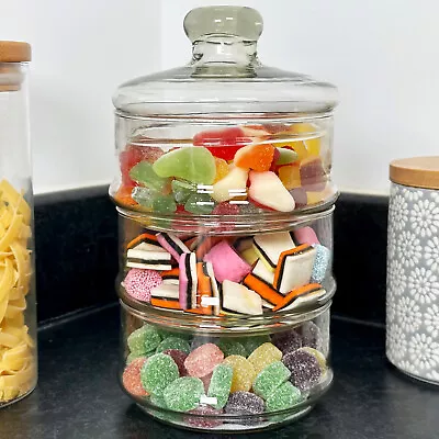 Buy Glass Sweets Jar With Lid 3 Tier Round Kitchen Snacks Clear Round Storage Bowl • 14£