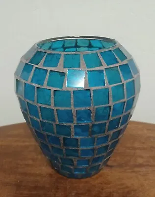 Buy Stunning Aqua Blue Large Mosaic Glass Vase, Turquoise Mediterranean Blue 20cm H • 27.99£