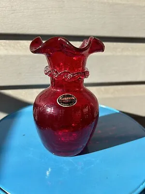 Buy Vintage MCM Kanawha Red Crackle Art Glass Vase Rigaree Accent Rim Glows 6.5” • 17.36£