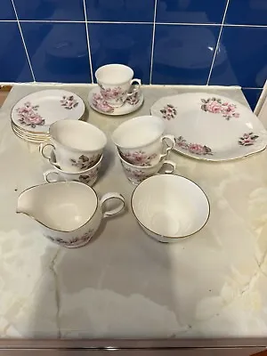 Buy Set Of Queen Anne Bone China Pink Roses Small Plates, Cups, Milk Jug, Sugar Bowl • 24.95£