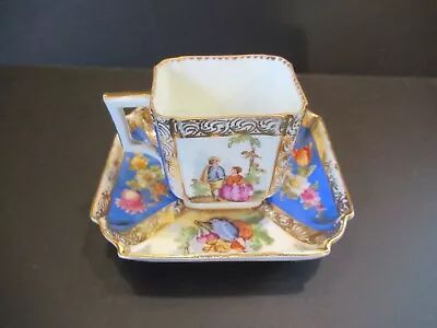 Buy Dresden Germany Quatrefoil Watteau Style Cup Saucer Courting Couples Blue Gilt • 61.31£
