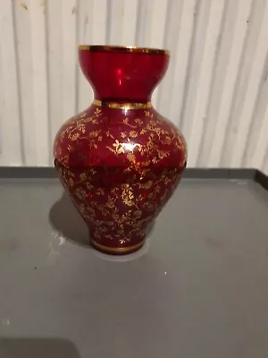 Buy Small Vintage VECCHIA Murano Hand Blown Ruby Red & 24k Gold Venetian Glass Vase • 8£