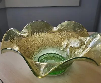 Buy Art Glass Crackle Glass Green And Amber Ruffled Edge Bowl Partial Glow In UV • 19.30£