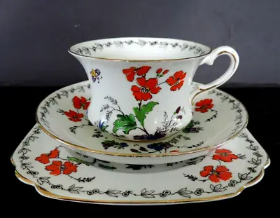 Buy Art Deco Vintage China Tea Set Trio.Tuscan Red Poppy.Hand Painted.VGC. • 15.95£