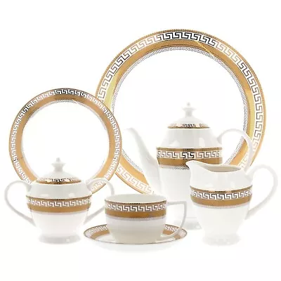 Buy 24 Pcs Royal Greek Key Pattern Bone China Gold Tea Set Cake Plate,Cups,Saucers • 42.41£