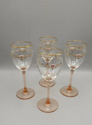 Buy 4x Vintage Luminarc Pink Fan/Scroll Pattern, Pink Stem & Gold Rim Wine Glasses • 16£