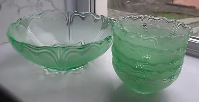 Buy Vintage Art Deco Style 6 Piece Green Glass Desert Set Frosted Panels • 13.99£