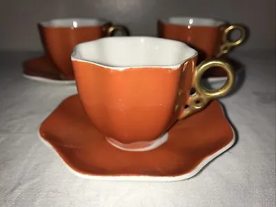 Buy Vintage Coalport Set Of 3 Burnt Orange China Miniature Cabinet Cups And Saucers • 15.99£